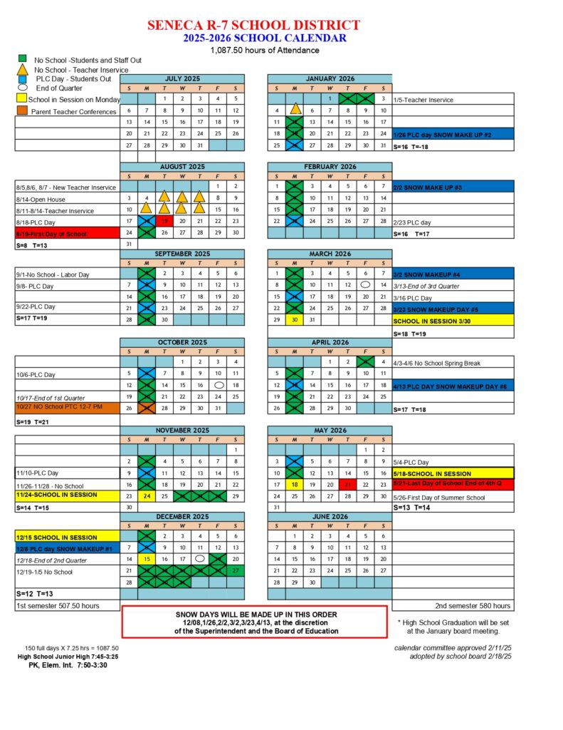 SENECA R-7 SCHOOL DISTRICT 25-26 CALENDAR