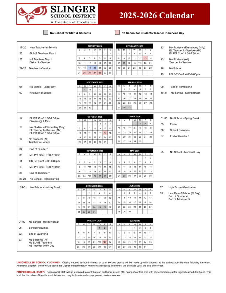 SLINGER SCHOOL DISTRICT calendar