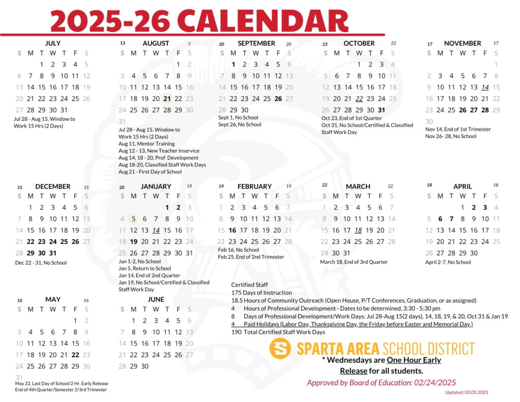 SPARTA AREA SCHOOL DISTRICT calendar