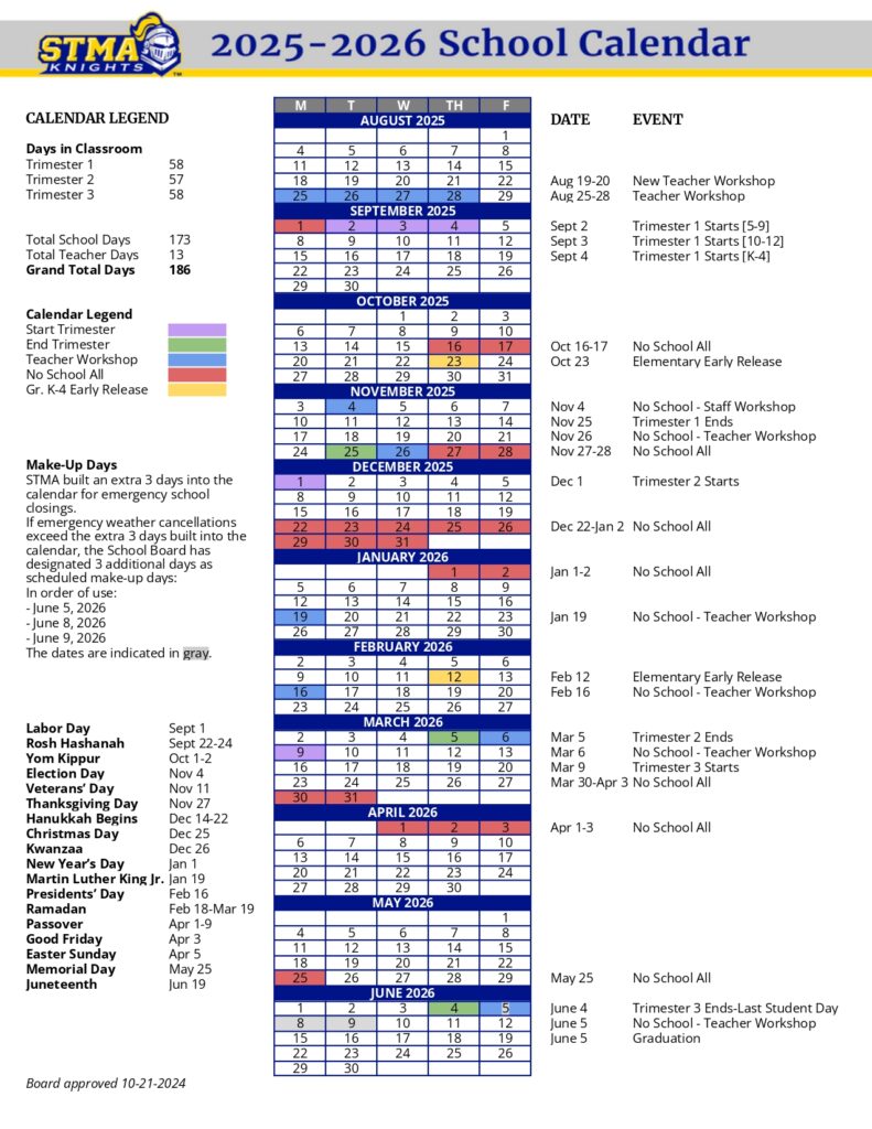 STMA ST MICHEAL ALBERTIVILLE SCHOOLS CALENDAR
