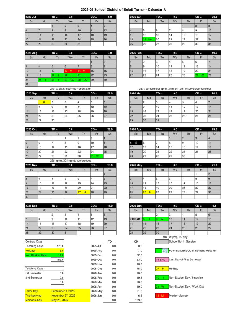 School District of Beloit Turner calendar