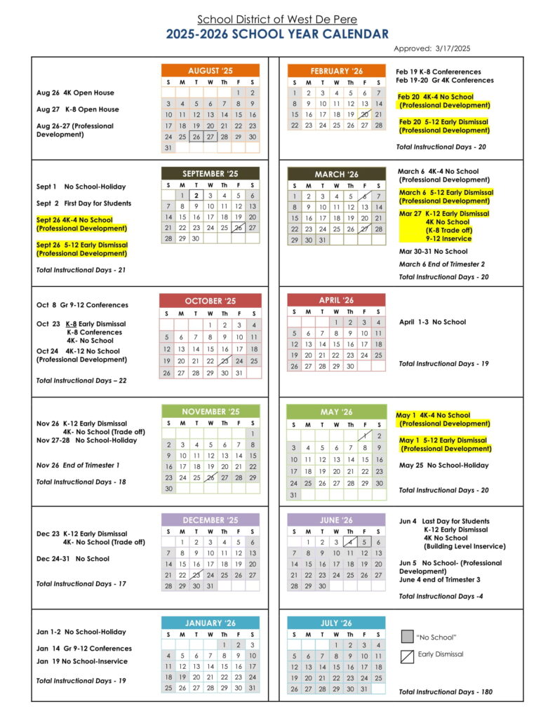 School District of West De Pere calendar