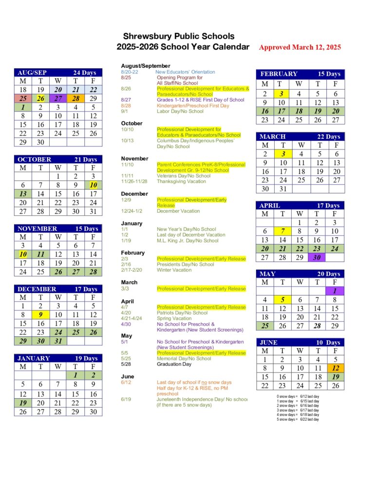 Shewsbury Public Schools Calendar 25 26 Revised PDF EduCounty