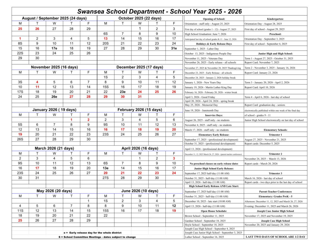 Swansea School Department calendar