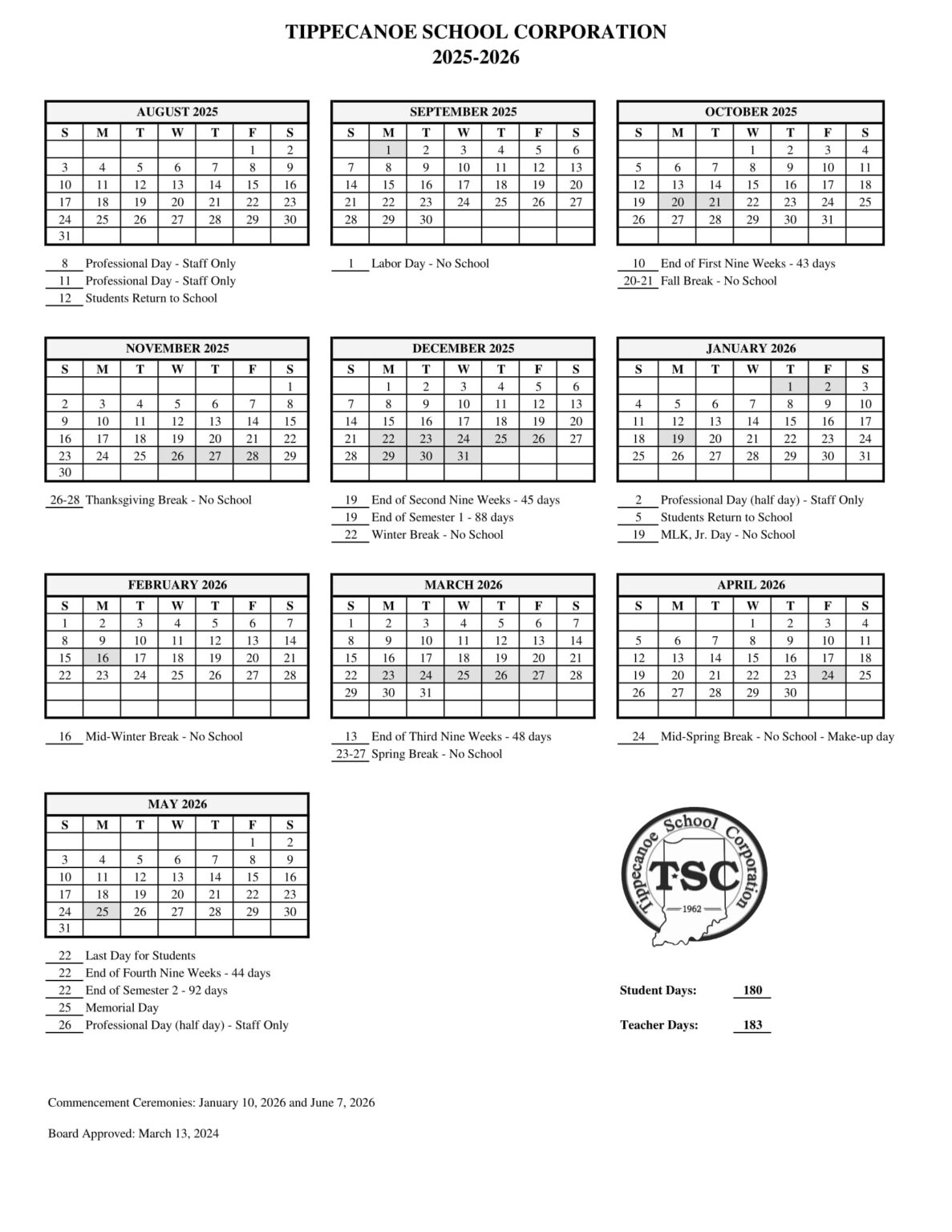 Tippecanoe Valley School Corporation TVSC Calendar 25 26 Revised PDF