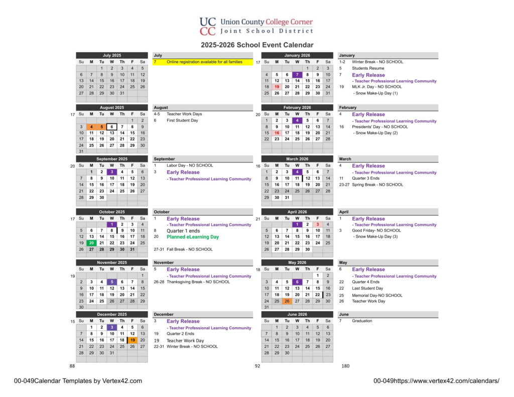 UC Union County College Corner CC Joint School District calendar