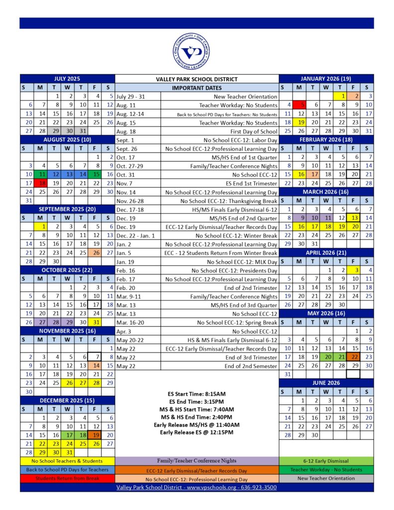 Valley Park School District Calendar