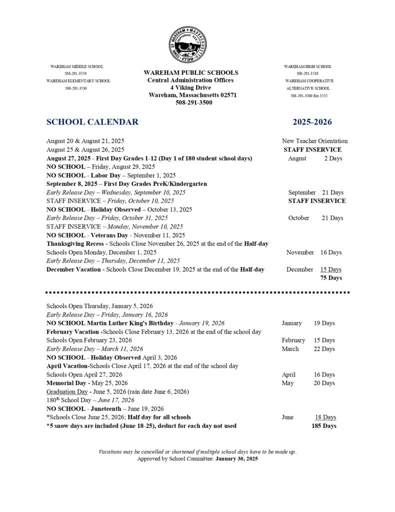 Wareham county public schools calendar 25 26 Revised PDF EduCounty