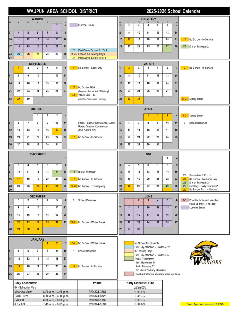 WAUPUN AREA SCHOOL DISTRICT CALENDAR
