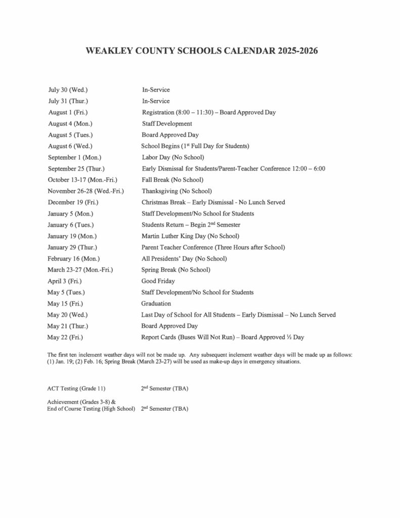 WEAKLEY COUNTY SCHOOLS calendar