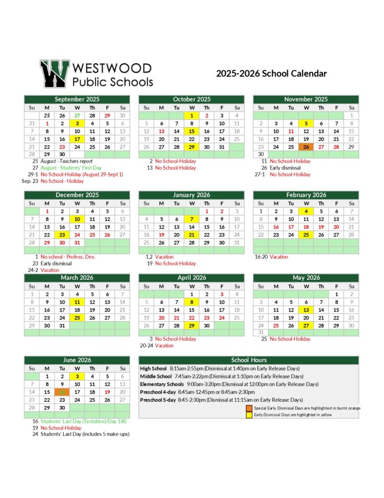 WESTWOOD Public Schools CALENDAR