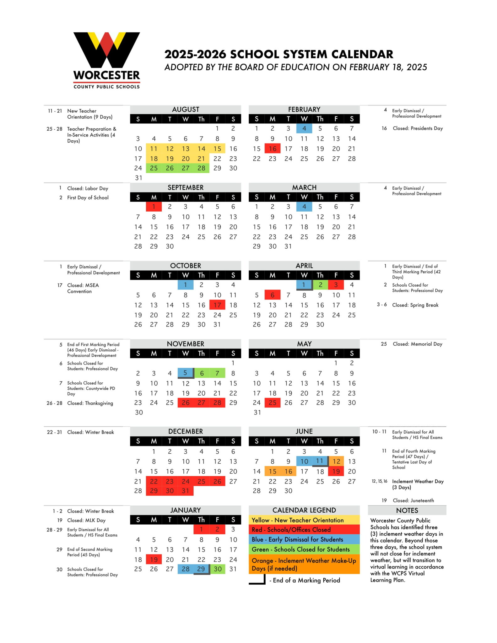 WORCESTER COUNTY PUBLIC SCHOOLS Calendar 25 26 Revised PDF EduCounty