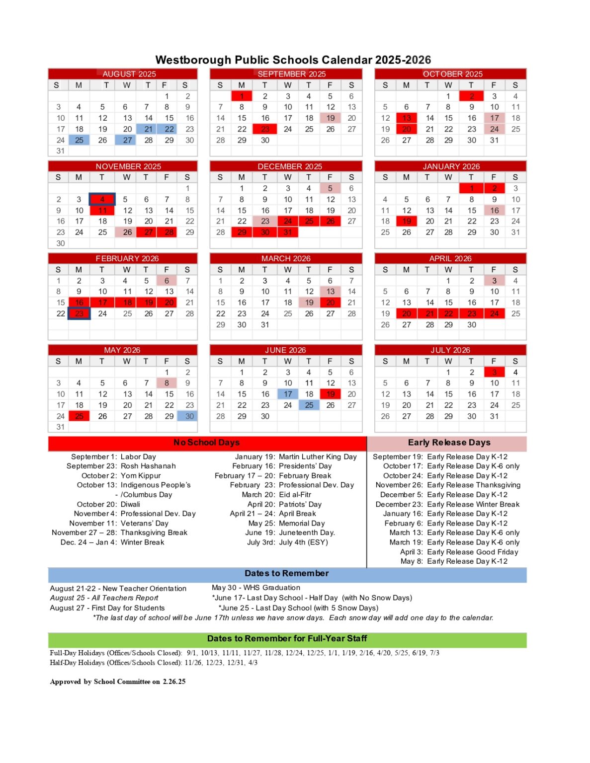 Westborough Public Schools MA Calendar 25 26 Revised PDF EduCounty