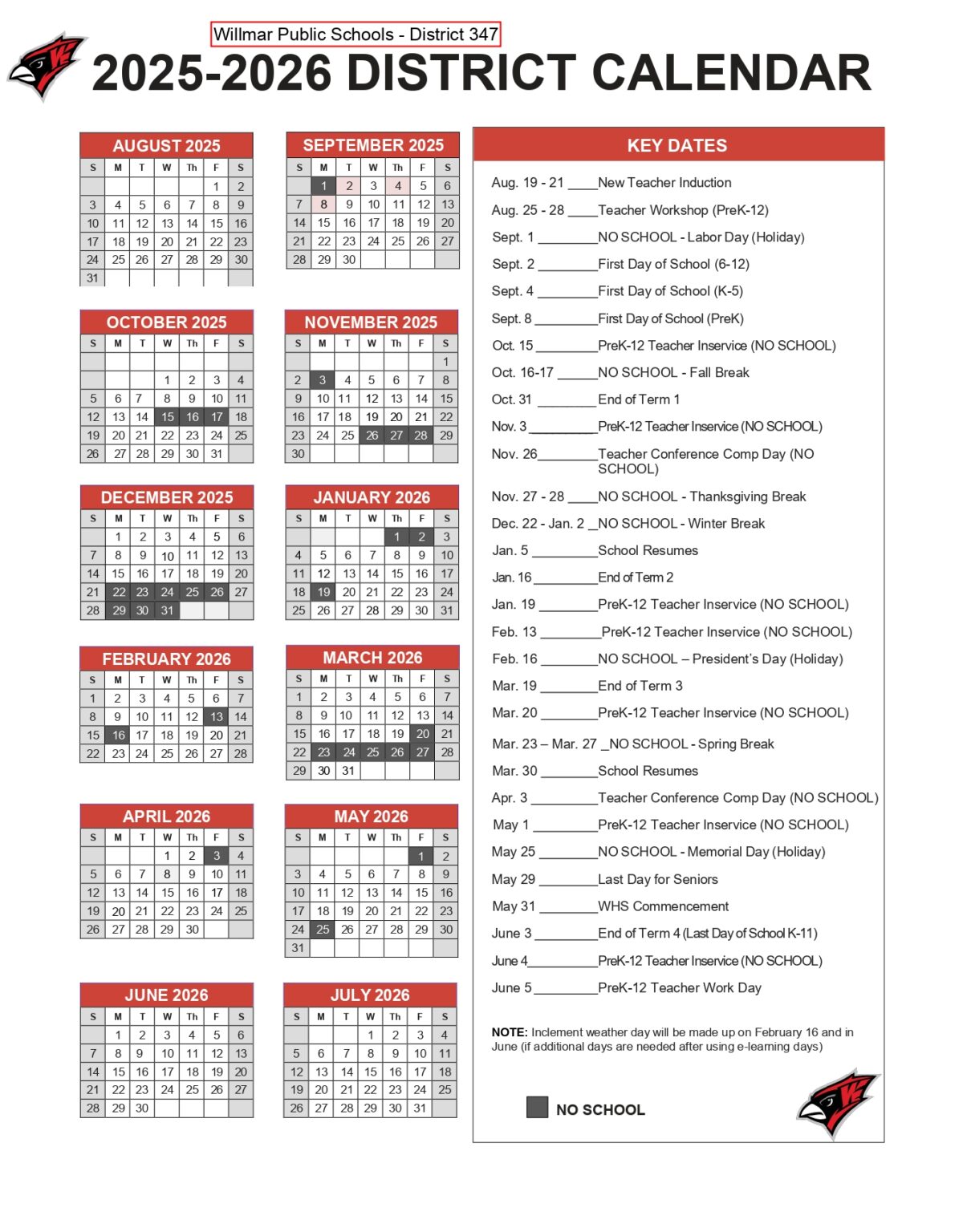 Willmar Public Schools MN Calendar 25 26 Revised PDF EduCounty