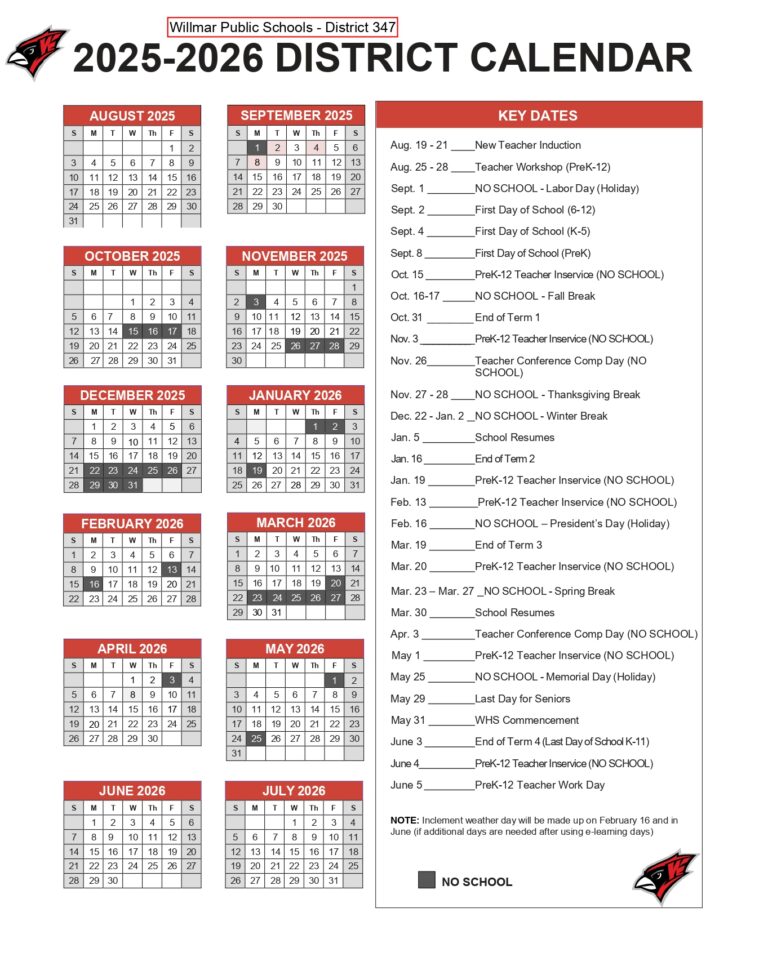 Willmar Public Schools MN Calendar 25 26 Revised PDF EduCounty