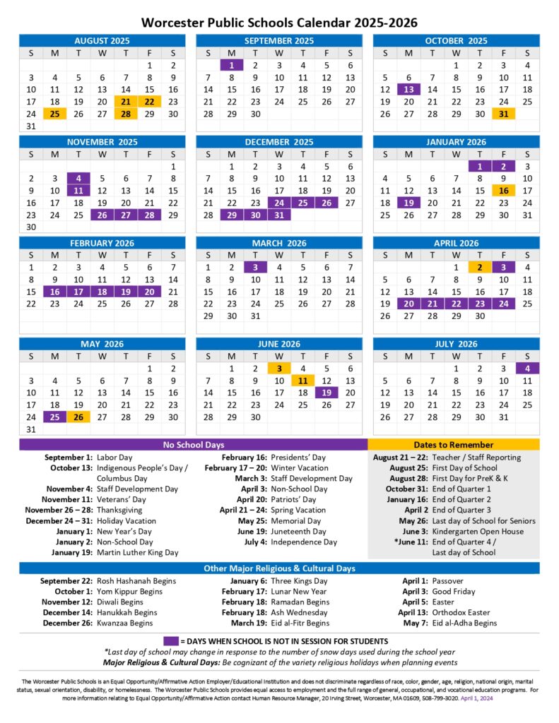 Worcester Public Schools CALENDAR
