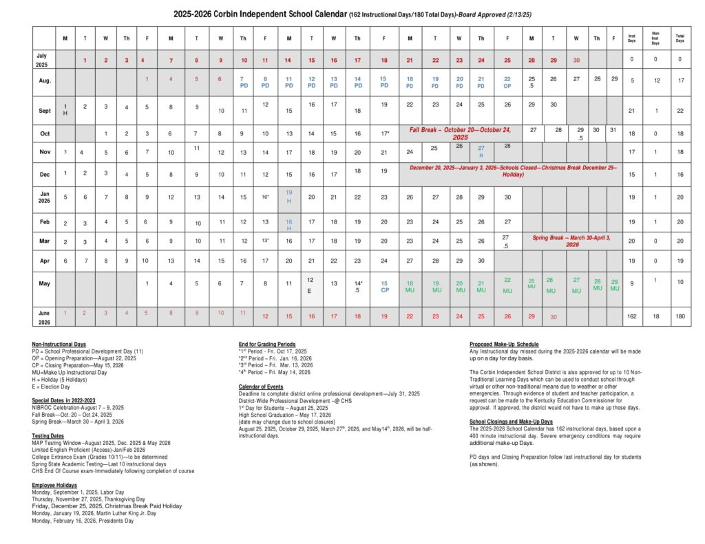 corbin schools calendar