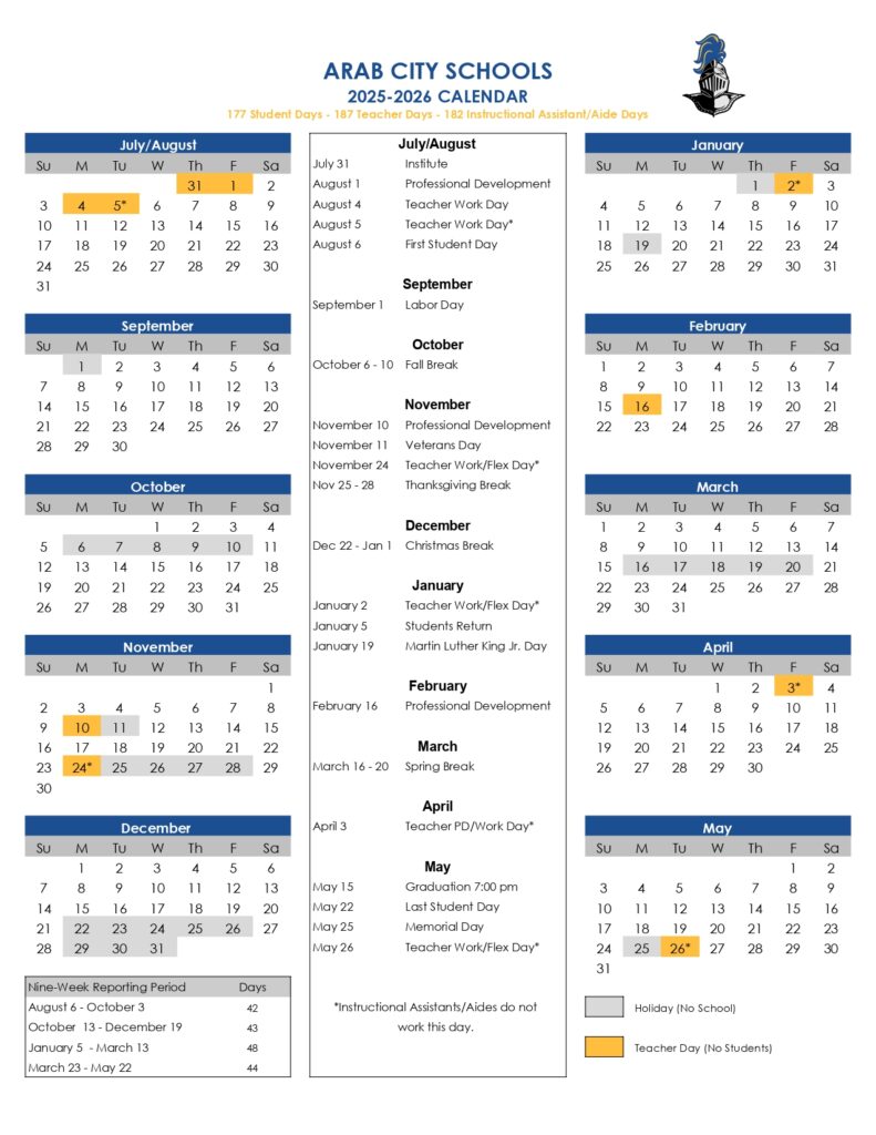 Arab City Schools calendar