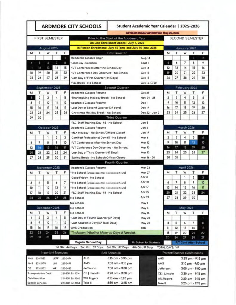 ARDMORE CITY SCHOOLS calendar