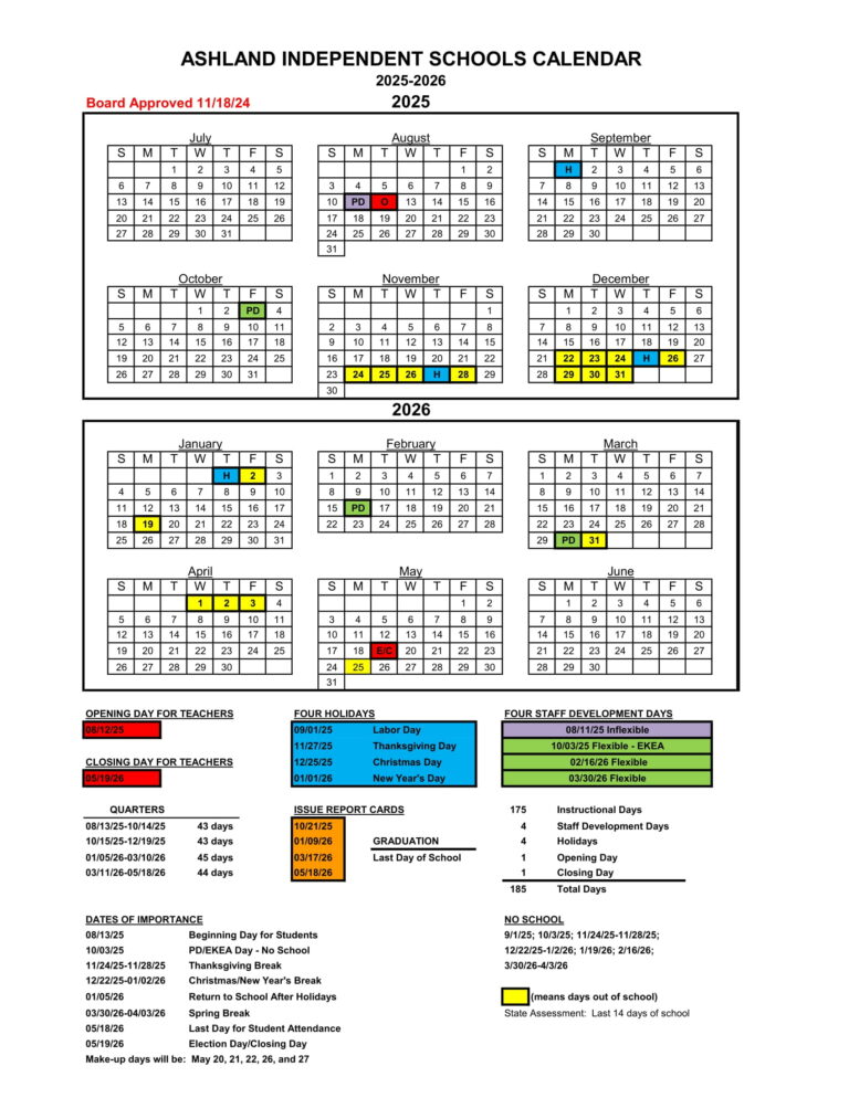 ASHLAND INDEPENDENT SCHOOLS ky Calendar 25 26 Revised pdf EduCounty