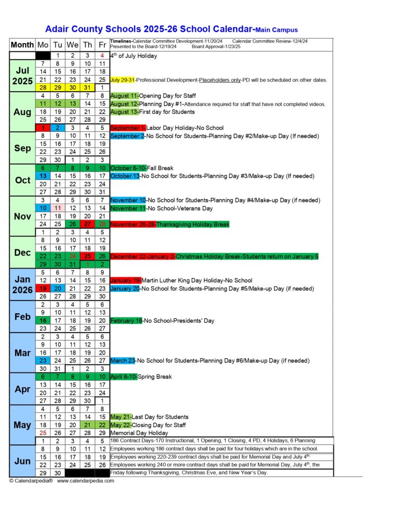 ADAIR COUNTY SCHOOLS CALENDAR