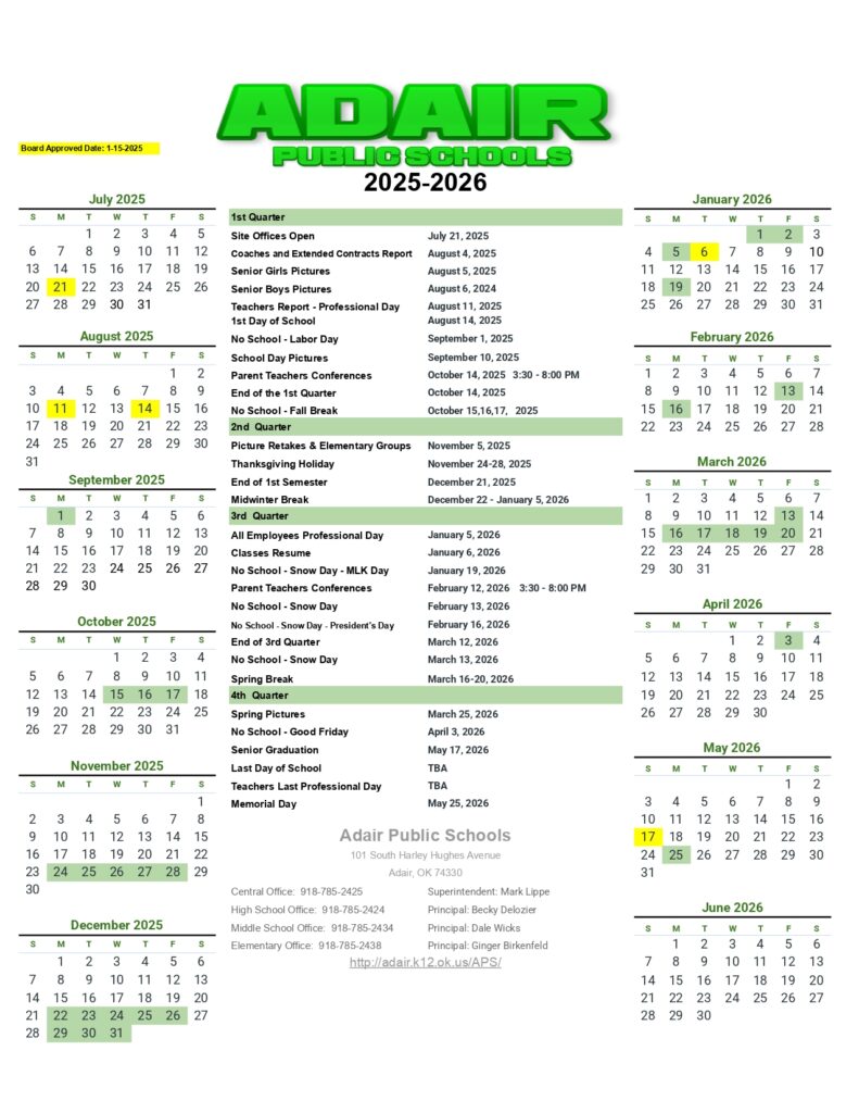 Adair Public Schools calendar