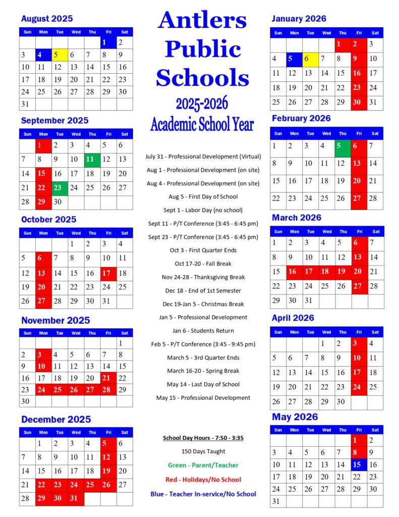 Antlers Public Schools 25-26 calendar
