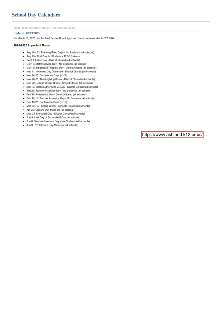 Ashland School District 25-26 calendar