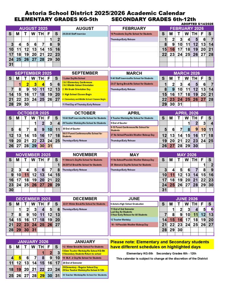 Astoria School District 25-26 calendar
