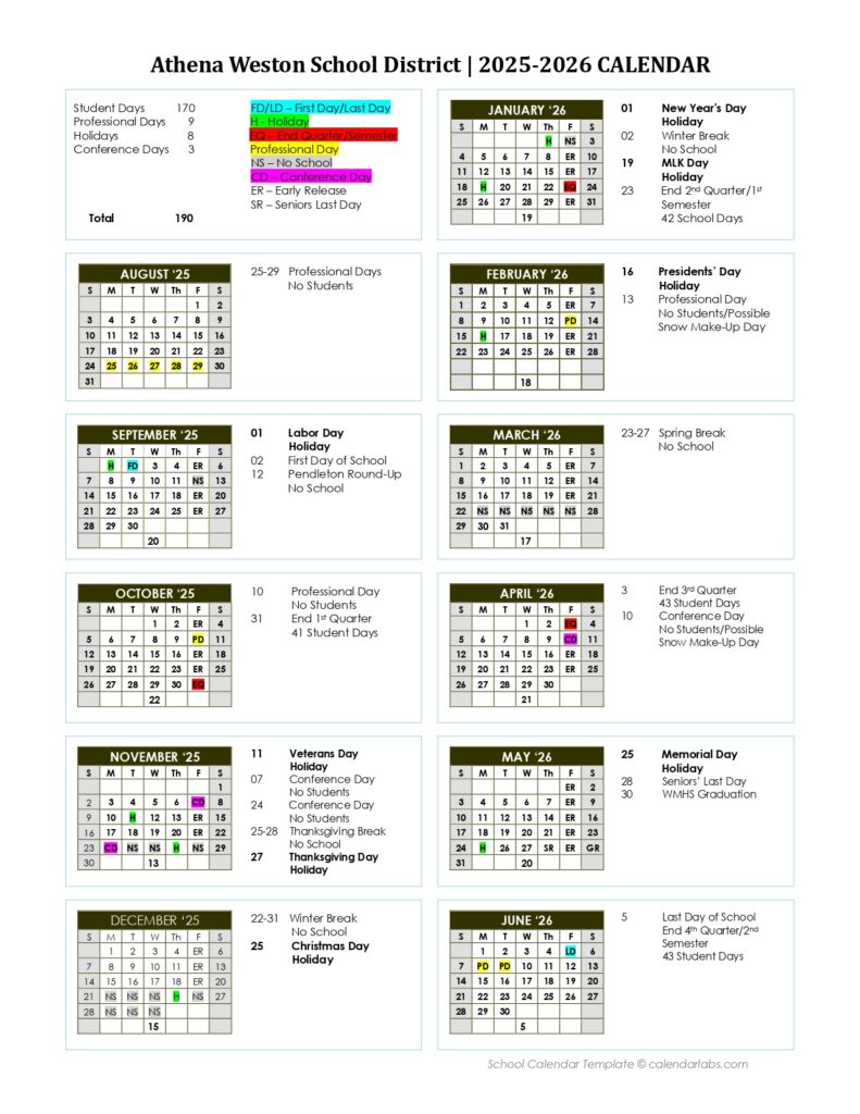 Athena-Weston School District CALENDAR
