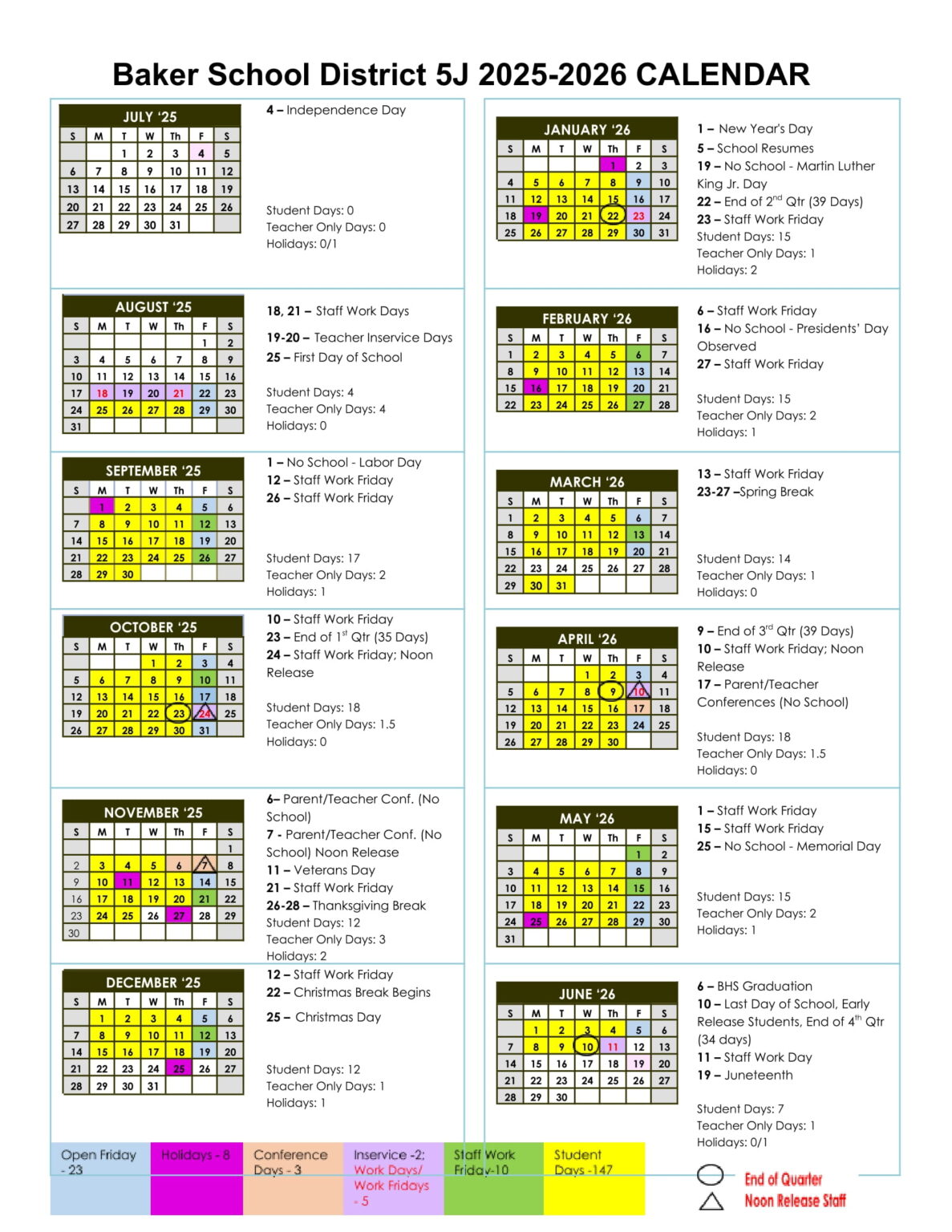 Baker School District 5J Calendar 2526 Revised [PDF] EduCounty