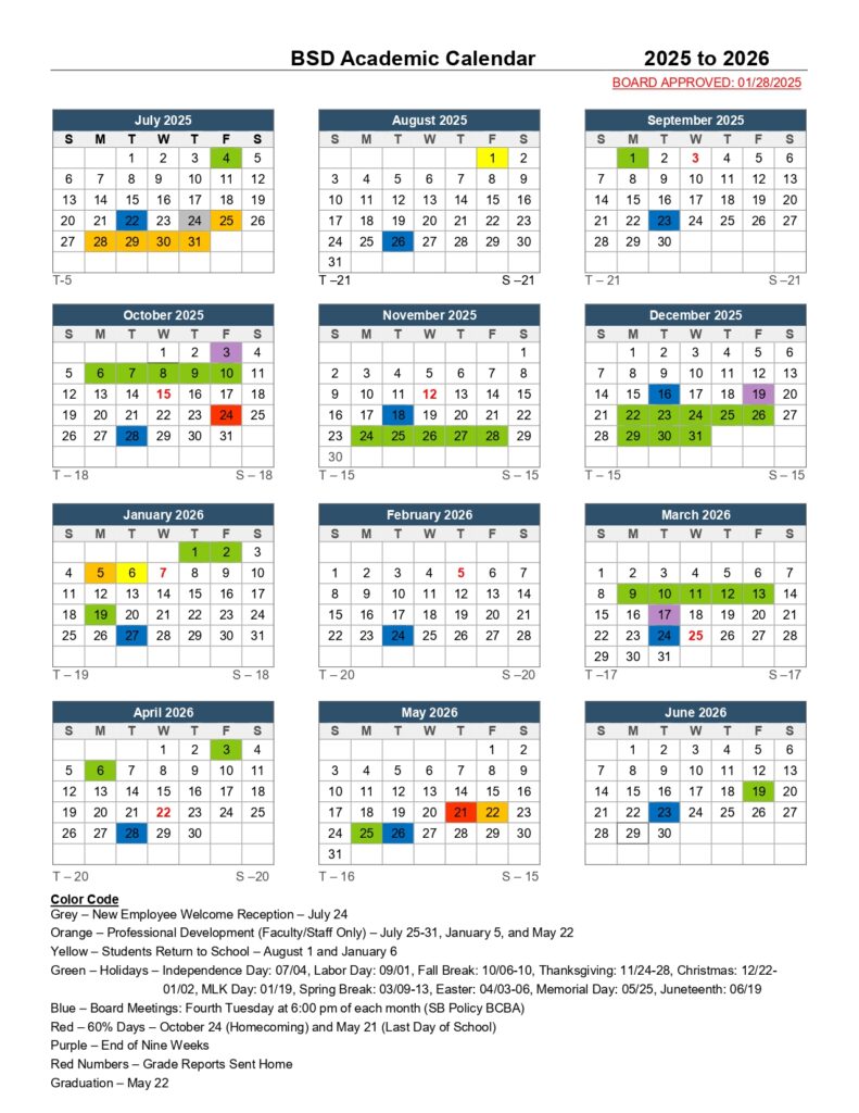 BSD Academic Calendar, 25-26