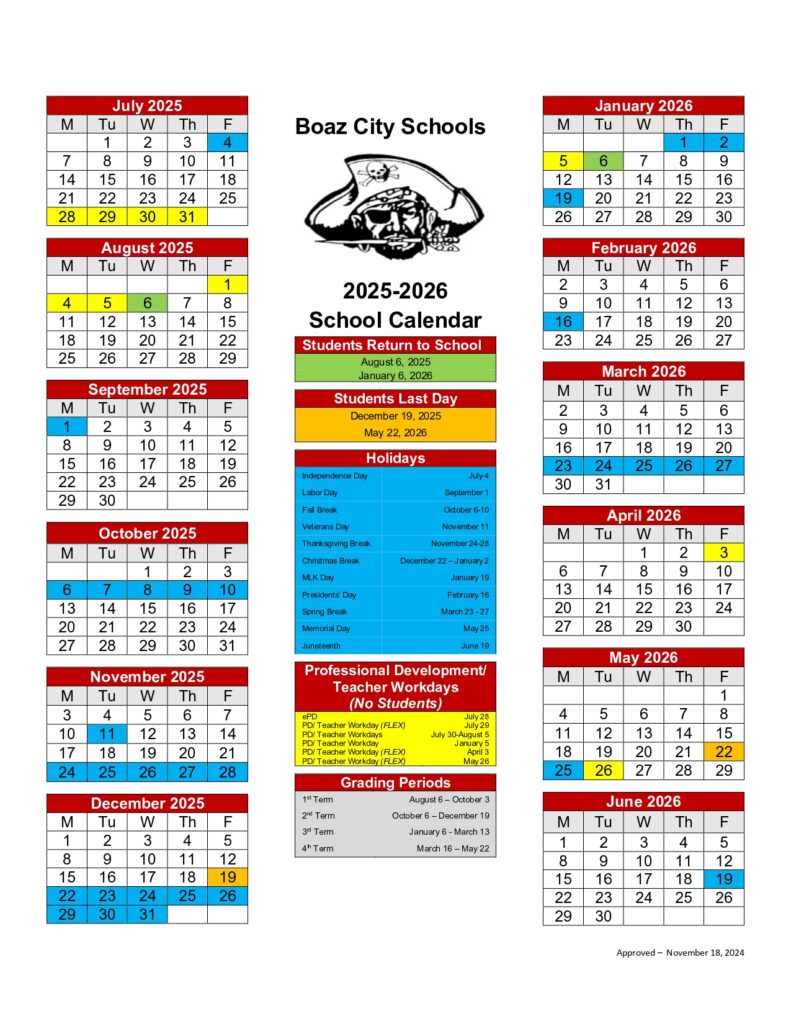 Boaz City Schools calendar