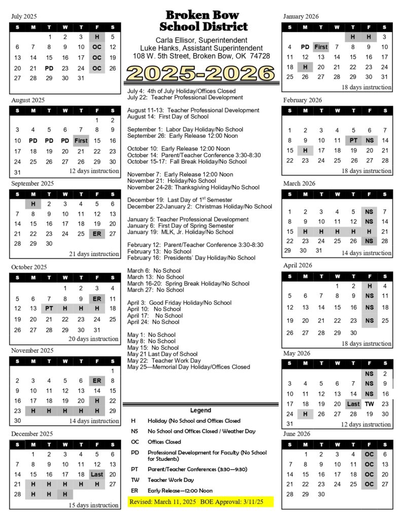 Broken Bow Schools calendar