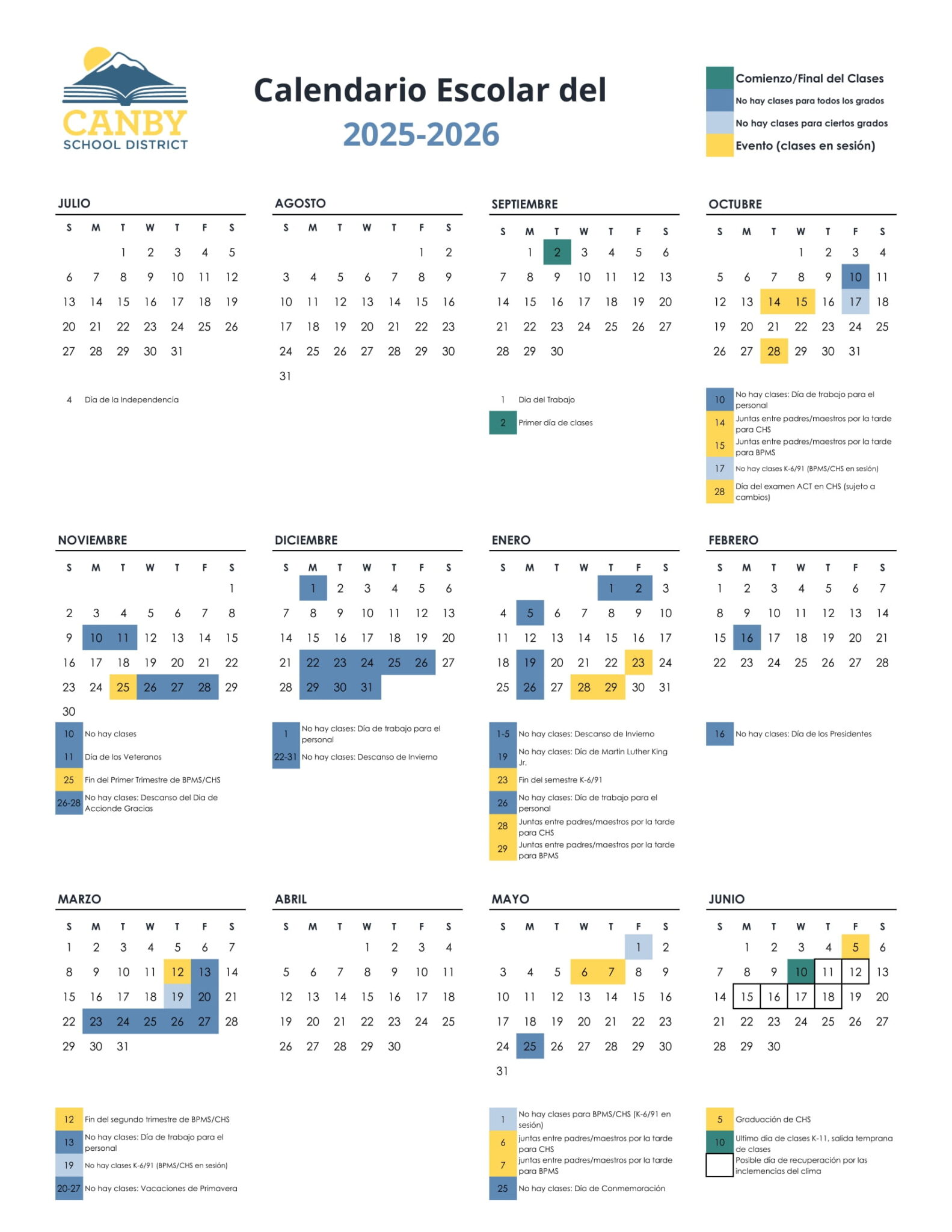 CANBY SCHOOL DISTRICT 25 26 Calendar Revised PDF EduCounty