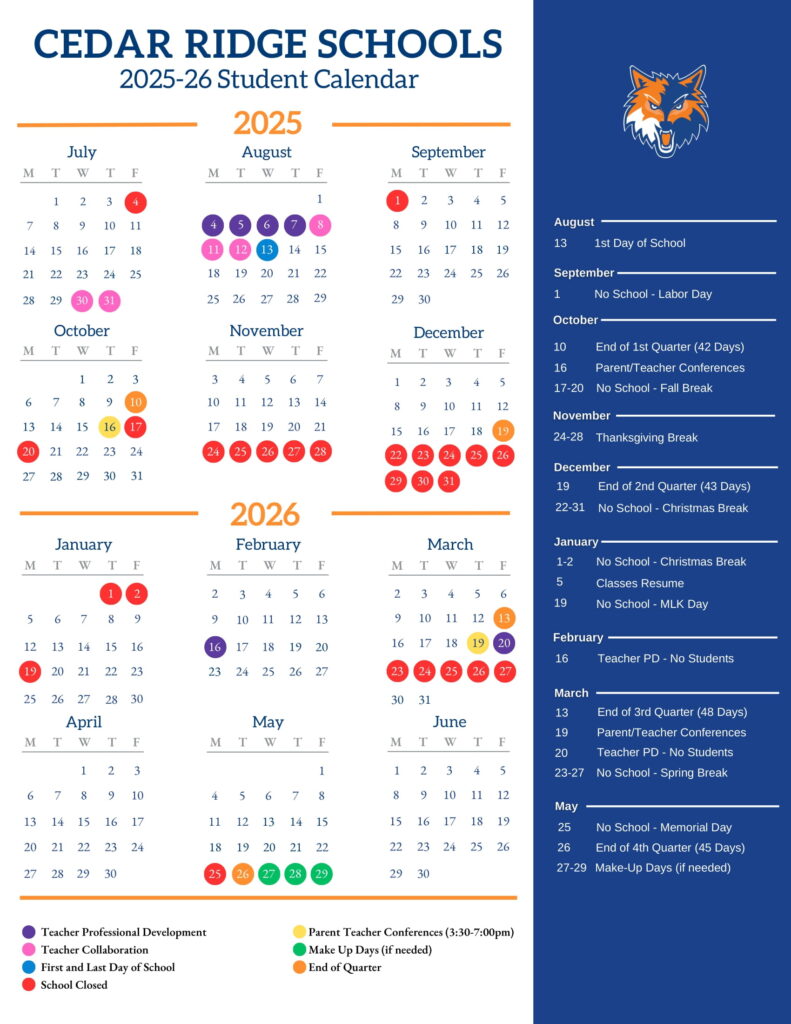 CEDAR RIDGE SCHOOLS calendar