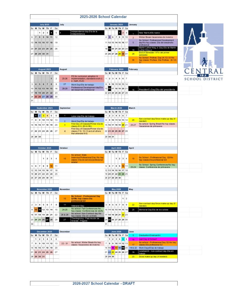 CENTRAL SCHOOL DISTRICT 25-26, 1 CALENDAR