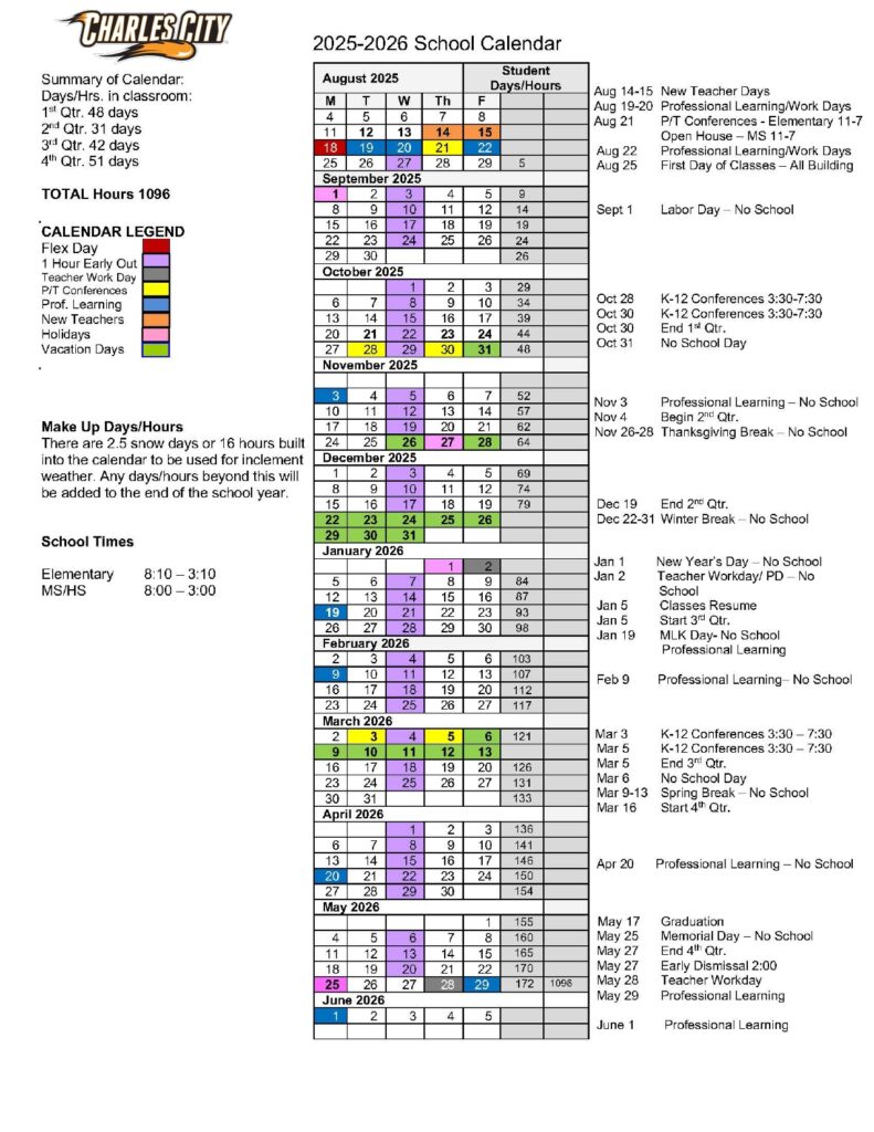 Charles City Community School District calendar