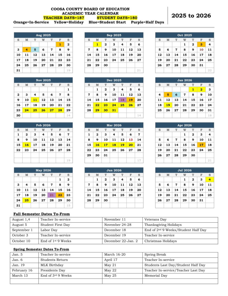 COOSA SCHOOL DISTRICT CALENDAR