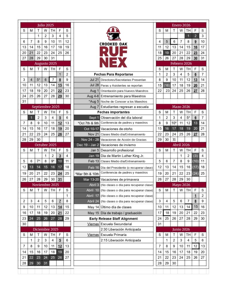 Crooked Oak Public Schools calendar