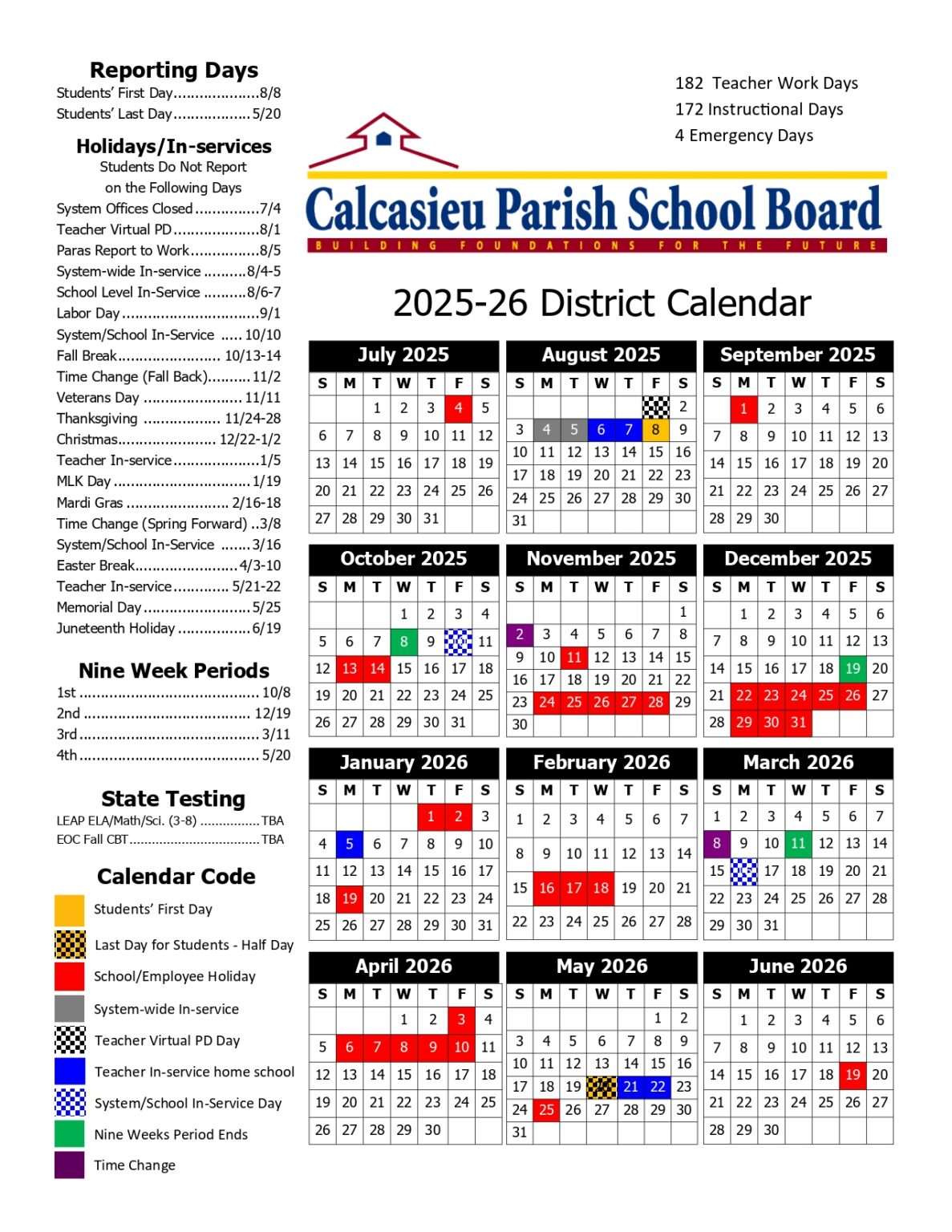 Calcasieu Parish School Board CPSB Calendar 25-26 Revised [pdf] - EduCounty