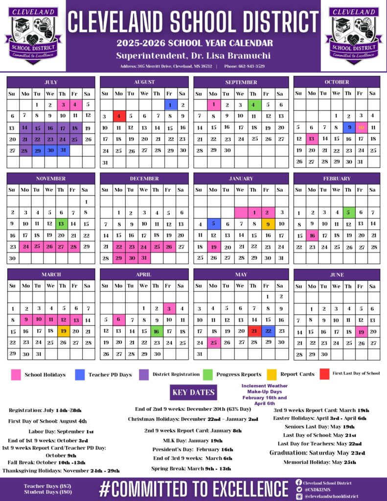 Cleveland School District 25-26 calendar