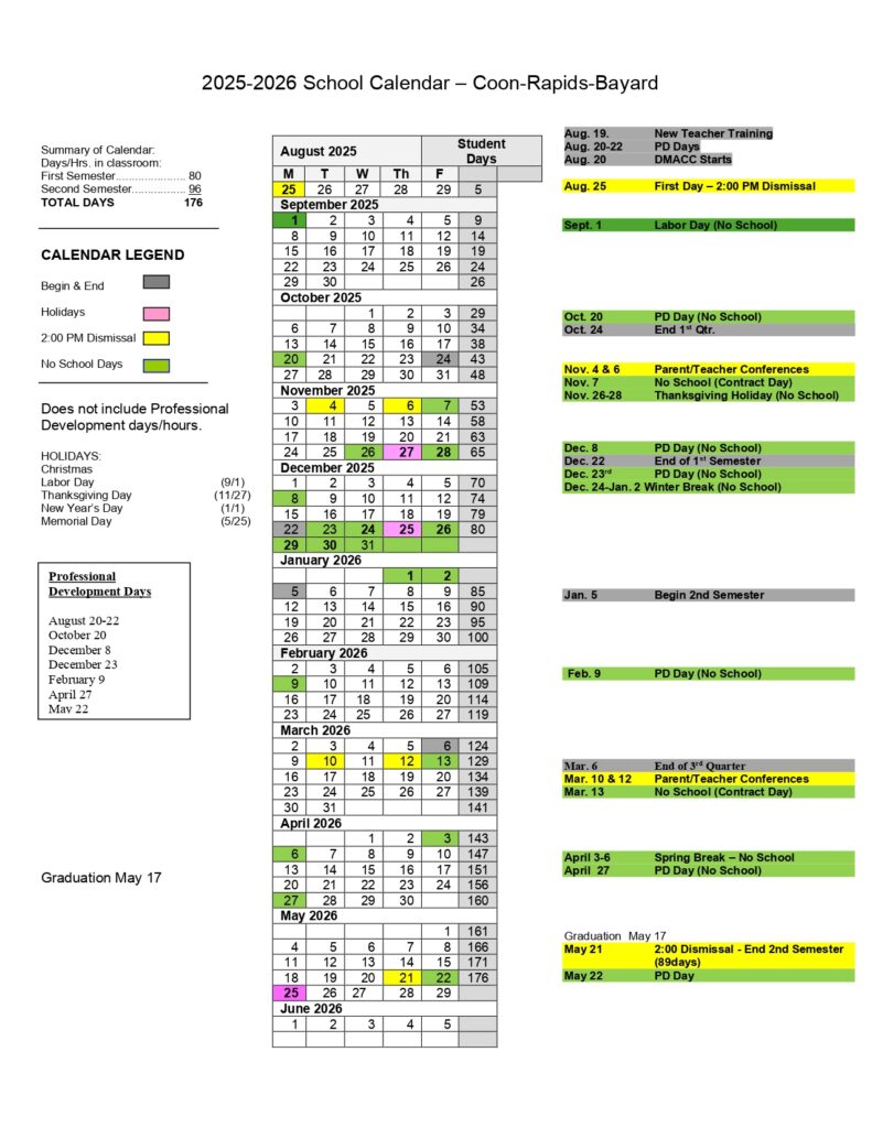 Coon Rapids-Bayard Community School District calendar