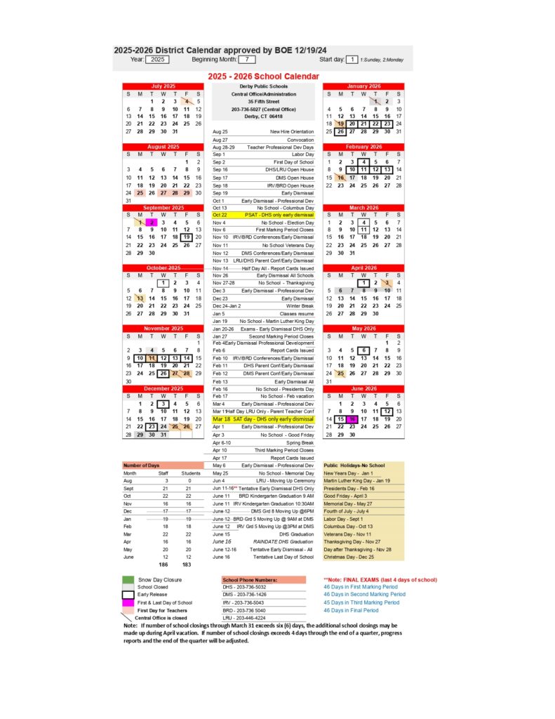 DERBY SCHOOL CALENDAR
