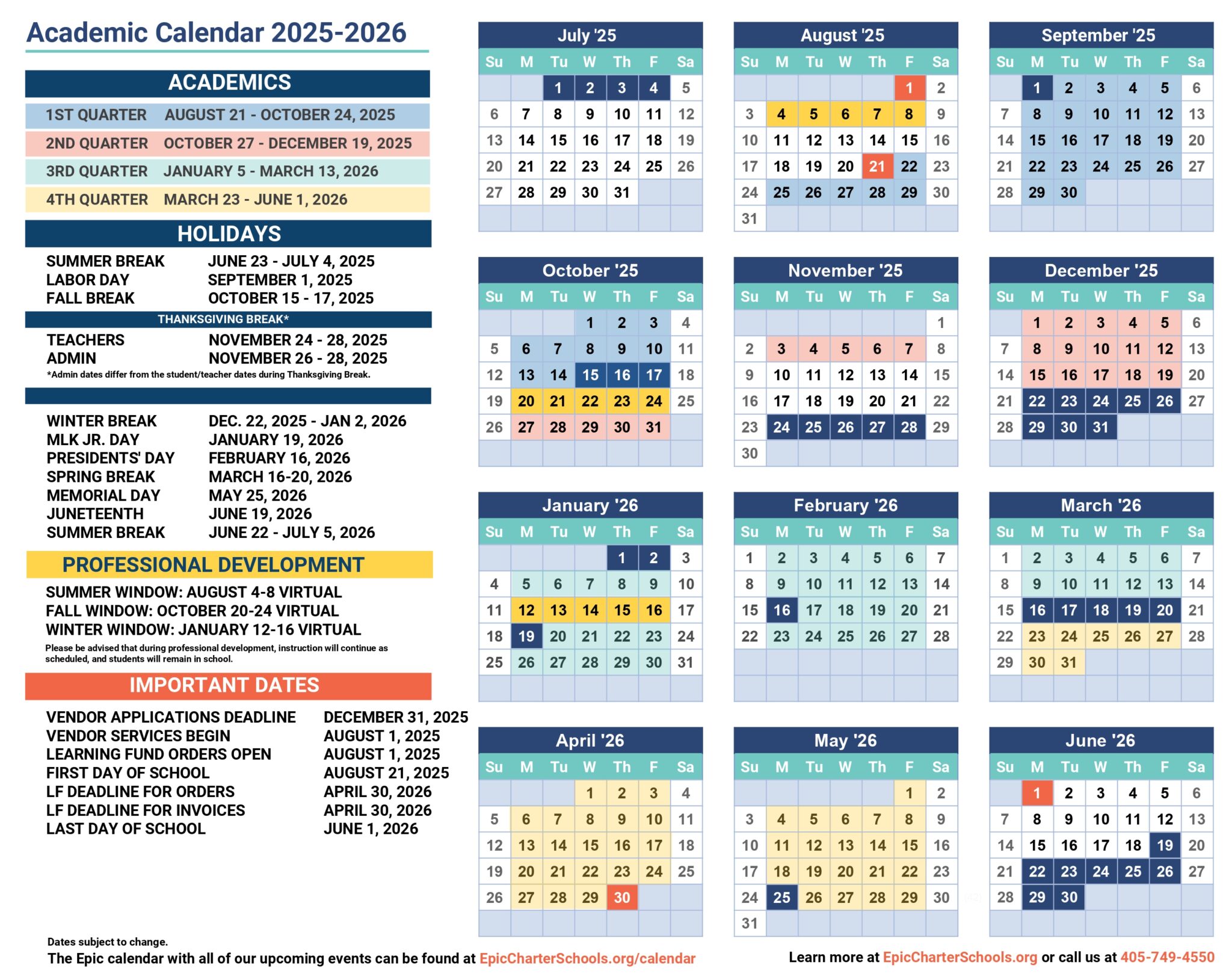 Epic Charter Schools Calendar 2526 Revised [PDF] EduCounty