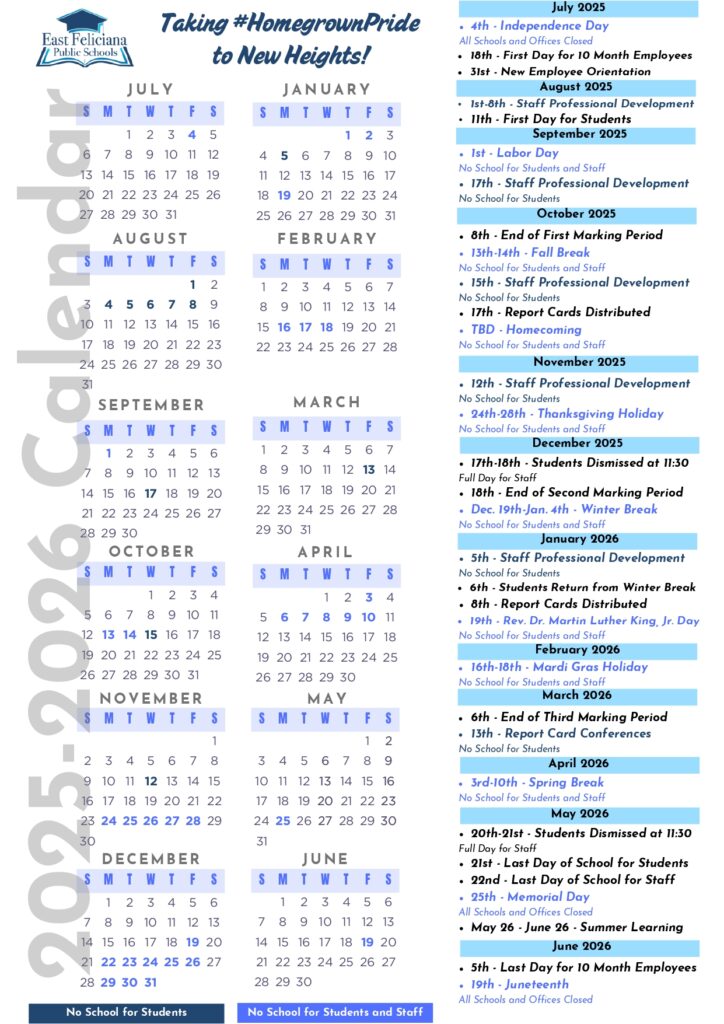 East Feliciana Public Schools 25-26 calendar