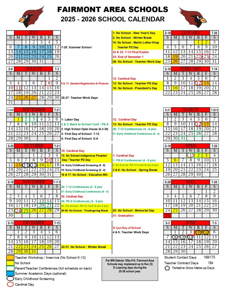 FAIRMONT AREA SCHOOLS mn Calendar 25-26 Revised [PDF] - EduCounty