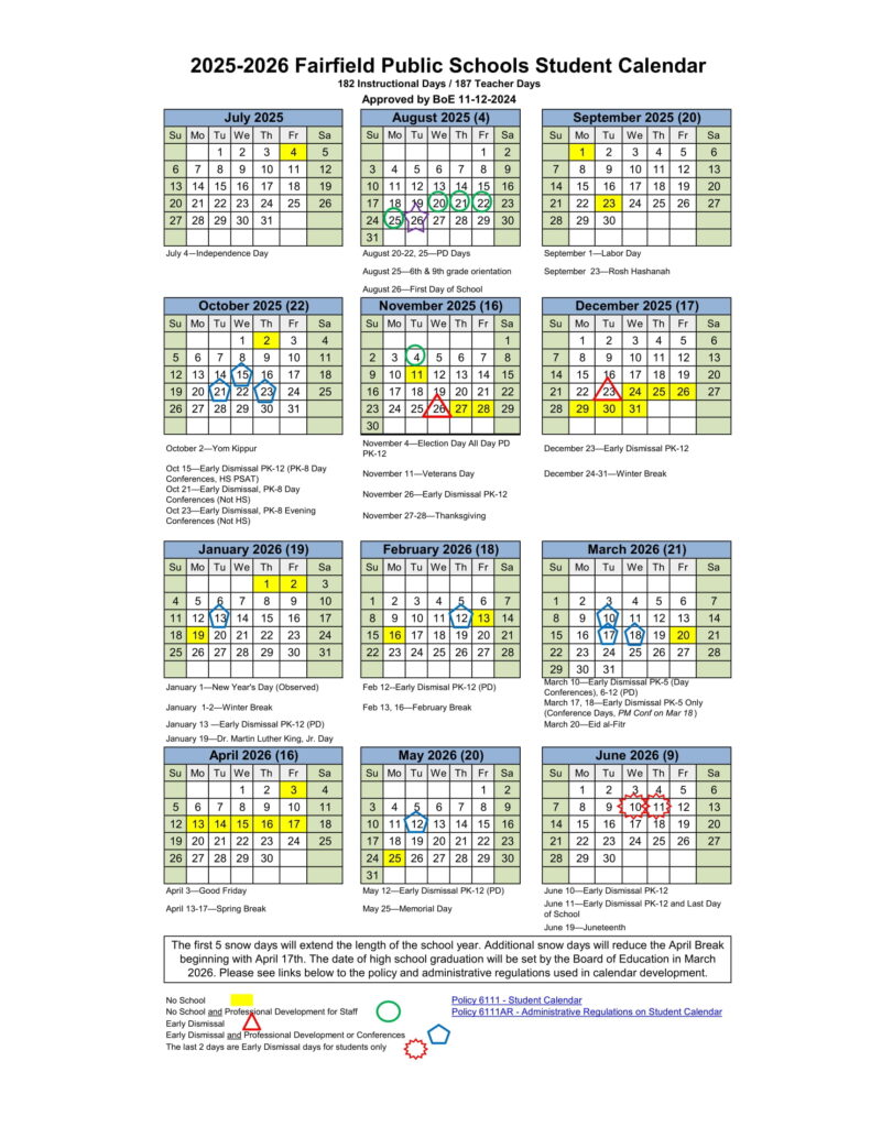 Fairfield Public Schools calendar