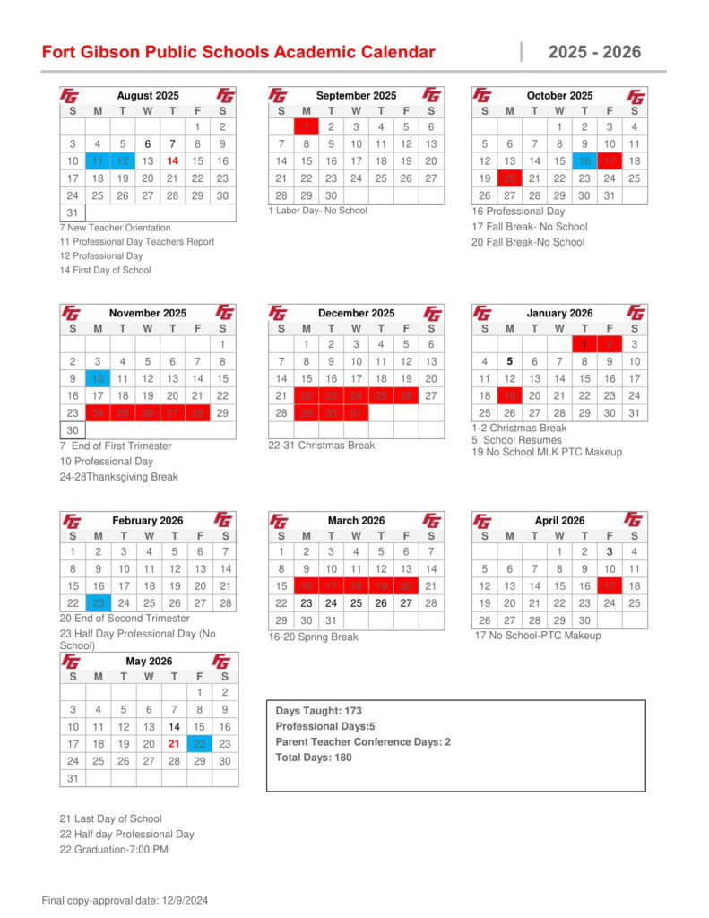 Fort Gibson Public Schools calendar