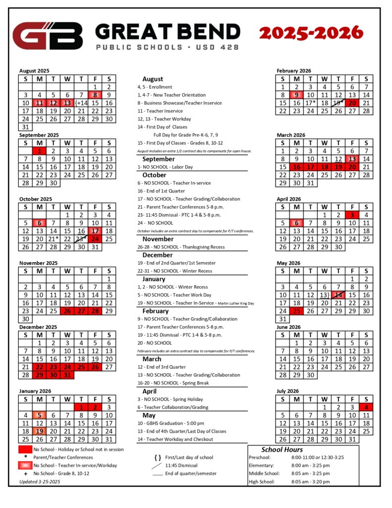 GREAT BEND PUBLIC SCHOOLS USD 428, 25-26 CALENDAR